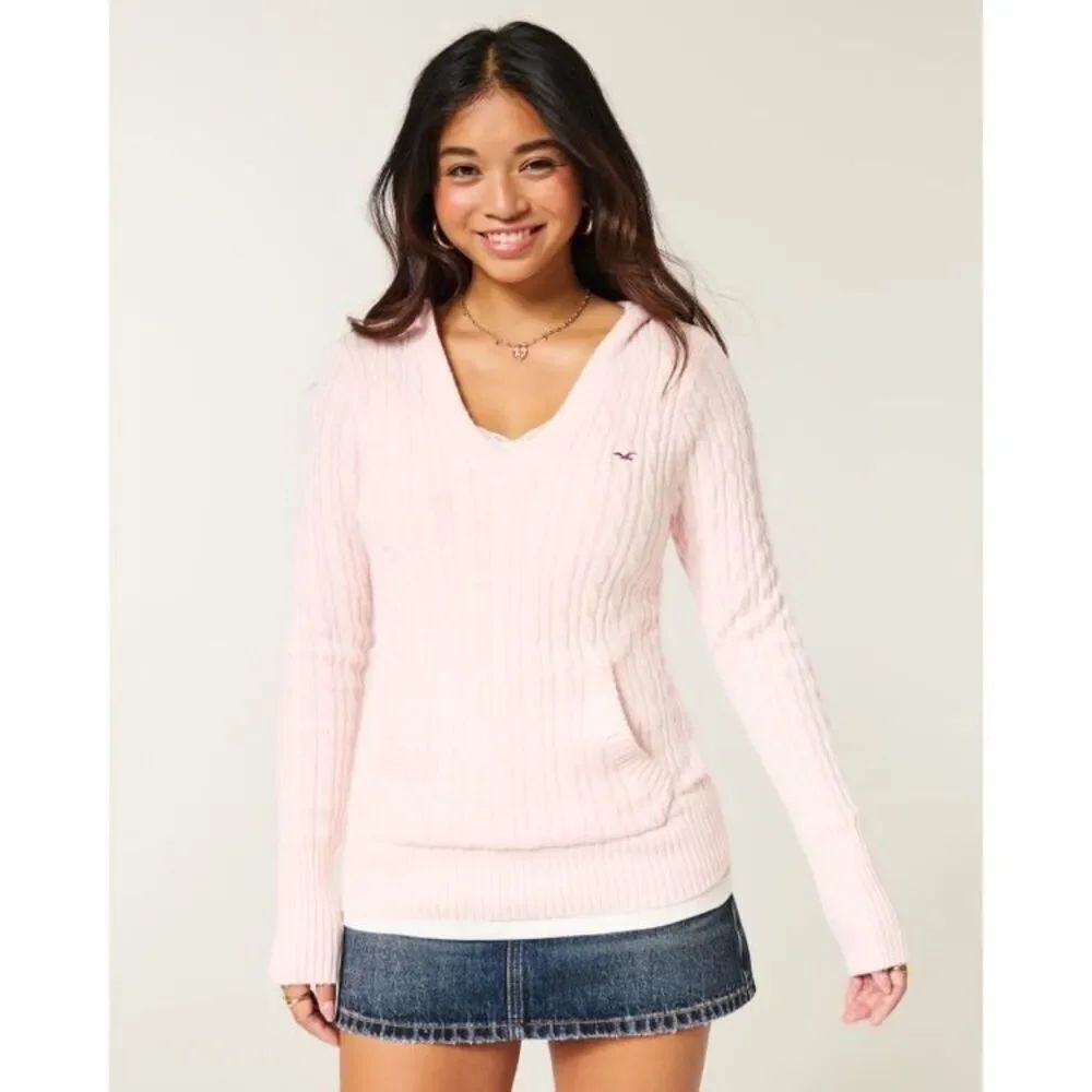NWT! Hollister Pink Cable Knit V Neck Hoodie Sweater XL